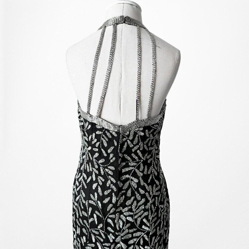 Vintage Y2K Black White Gray Floral Beaded Maxi Bodycon Formal Dress M - Picture 6 of 9